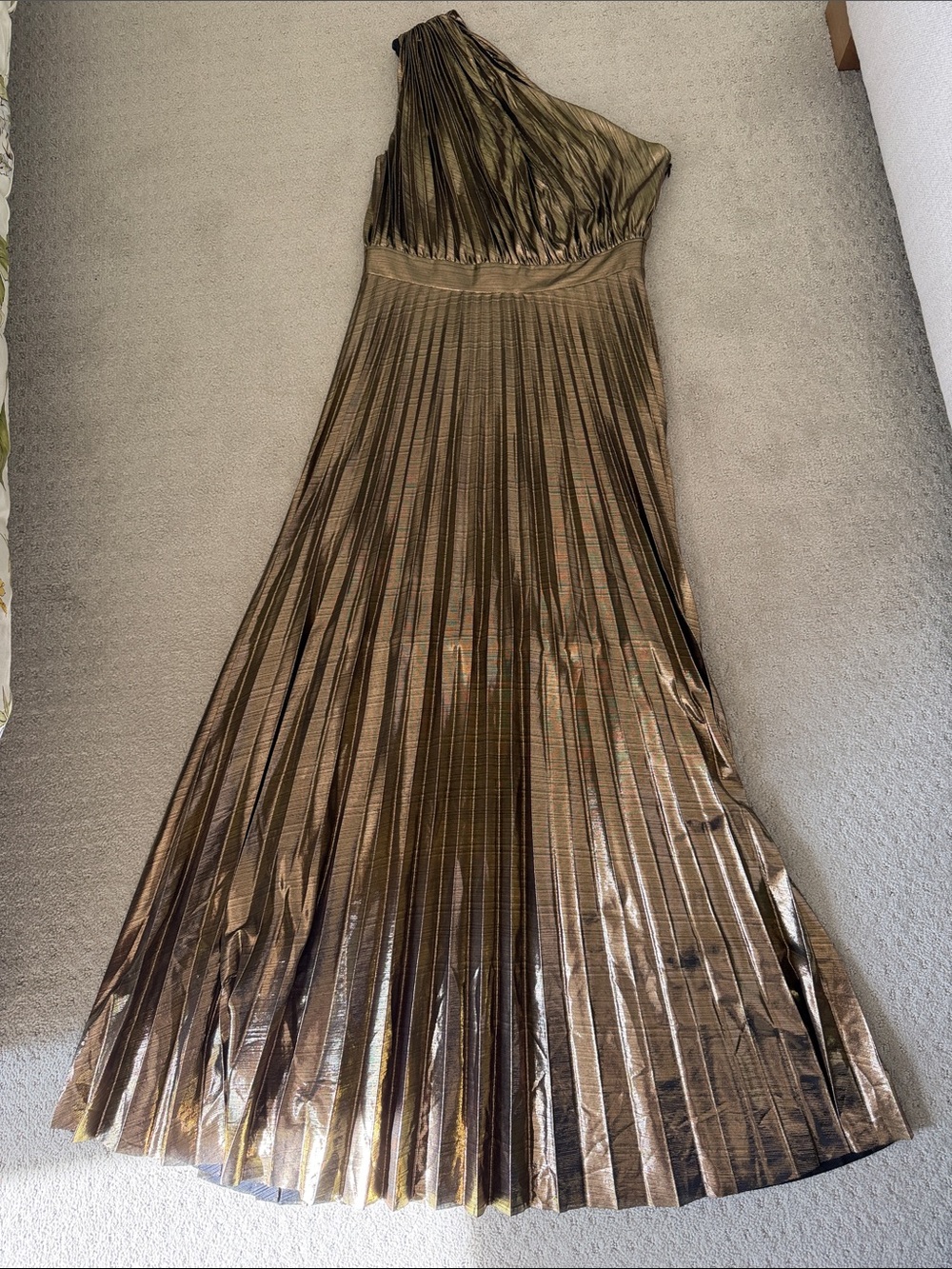 One-Shoulder Metallic Gold Pleated Evening Dress - Party, Costume, or Halloween